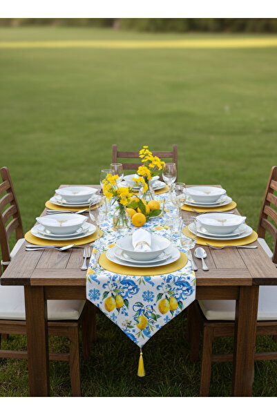 shopshop 7 Piece Lemon Pattern Tableware Presentation Set, 6 Pieces American Service Placemats, 1 Piece Tasseled Runner Cover Set