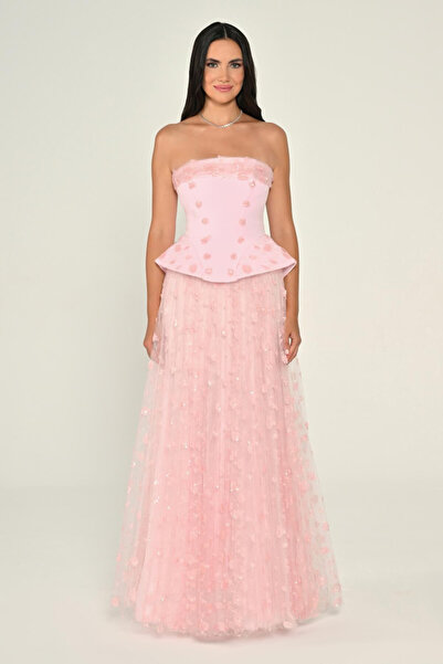 ALFABETA KADIN ABİYE STRAPLEZ ETEĞİ PAYETLİ TÜL ŞIK UZUN ELBİSE