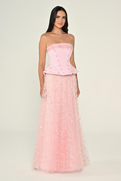 ALFABETA KADIN ABİYE STRAPLEZ ETEĞİ PAYETLİ TÜL ŞIK UZUN ELBİSE