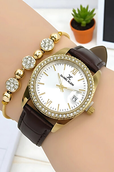Daniel Klein Women's Wristwatch, Leather Cord, Steel Case+Bracelet Gift Coffee-Gold Zmdk1198