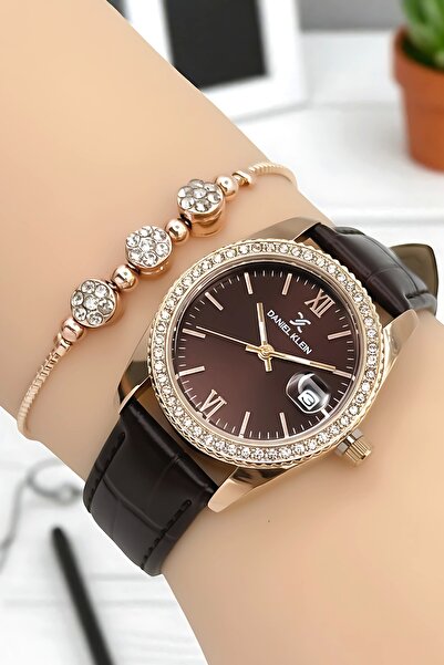 Daniel Klein Women's Wristwatch, Leather Cord, Steel Case+Bracelet Gift Coffee-Rose Zmdk1198