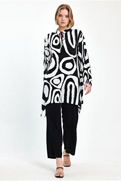 bacc Women's Black and White Geometric Patterned Trousers and Long Tunic Bottom Top Set Bcvl- 241017