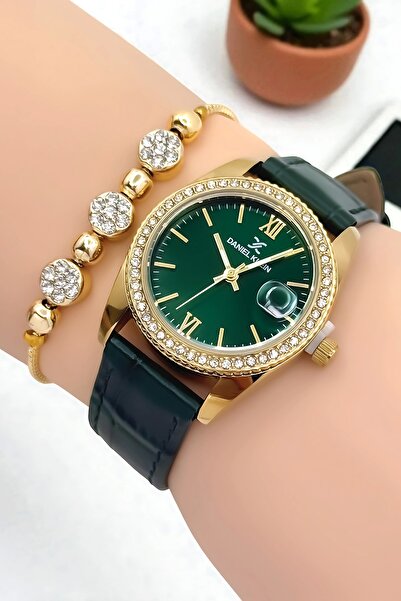 Daniel Klein Women's Wristwatch, Leather Cord, Steel Case+Bracelet Gift Green-Gold Zmdk1198
