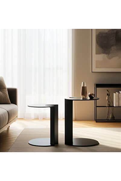 VoomeDesign Metal 2li Siyah Yan Sehpa Dekoratif Ev Mobilyası