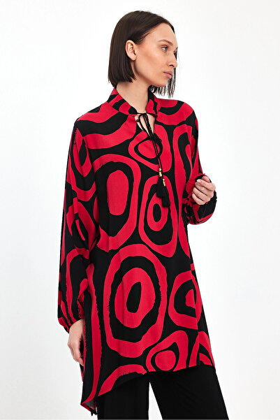 bacc Women's Red Geometric Patterned Trousers and Long Tunic Bottom Top Set Bcvl- 241017