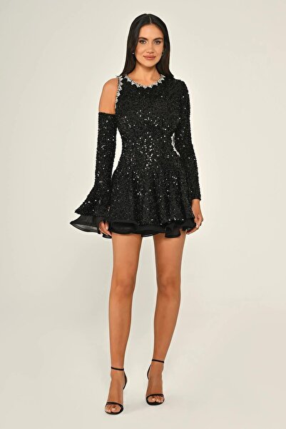 ALFABETA Uzun Kollu Volanlı Pencere Detaylı Payet Kısa Abiye Elbise