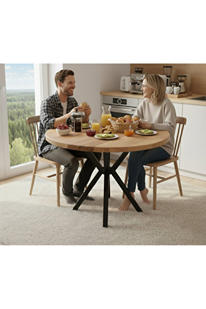 Modüler Ekipman Doğal Kayın Ağacı Yuvarlak Masa - Siyah Metal Ayaklı 60cm Çap