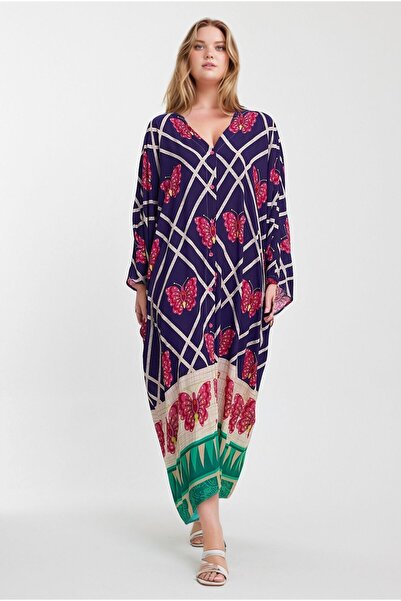 bacc Women's Navy Blue V-Neck Floral Patterned Long Length Woven Shirt Dress Bcvl- 241032