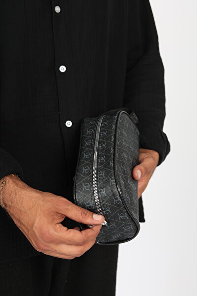 çantaevim Black Patterned Unisex Water Resistant Shaving & Cosmetic Portfolio & Clutch Handbag