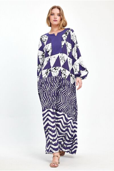 bacc Navy Blue Geometric Patterned Women's Dress - Loose Fit, Crew Neck, Long Length Bcvl-241058