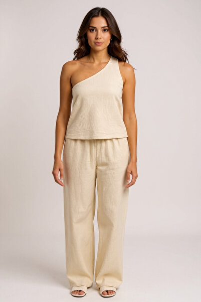 evolise Women's White One Shoulder Stylish Blouse & Wide Leg Pants Two Piece Set