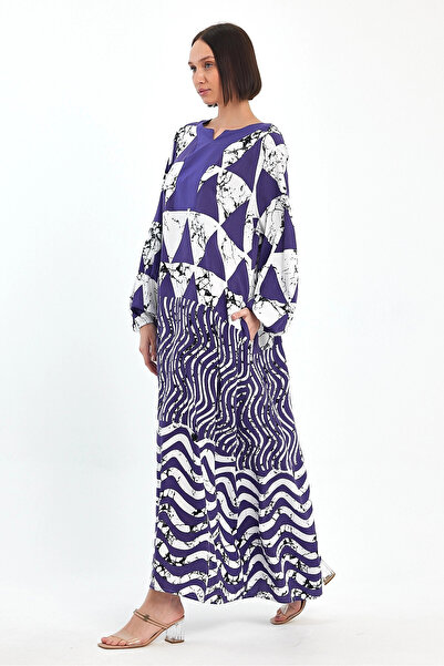 bacc Γυναικείο φόρεμα Navy Blue με γεωμετρικό σχέδιο - Φαρδιά εφαρμογή, λαιμόκοψη, μακρύ Bcvl- 241058