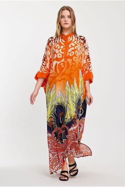 bacc Orange Patterned - Button Detailed Judge Collar Women's Dress Bcvl-241037