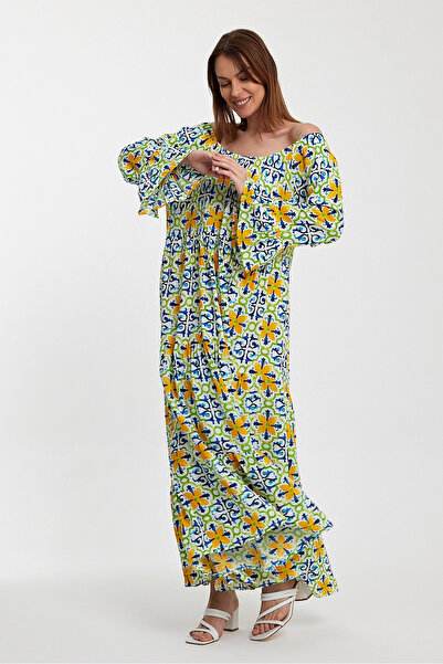 bacc Yellow Blue Patterned - Off-Shoulder Comfortable Cut Woven Dress Bcvl-242251