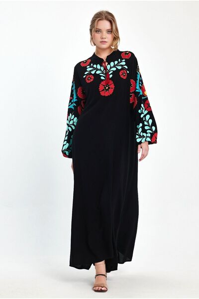 bacc Women's Black Judge Collar Embroidery Long Length Woven Dress Comfortable Fit Plus Size Bcvl- 241049