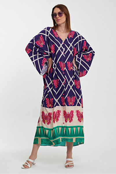 bacc Women's Navy Blue V-Neck Floral Patterned Long Length Woven Shirt Dress Bcvl- 241032