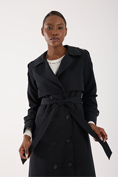 Soydan Güner Kadın Su Geçirmez Kırışmaz Uzun Trençkot Siyah (128 CM) 7670