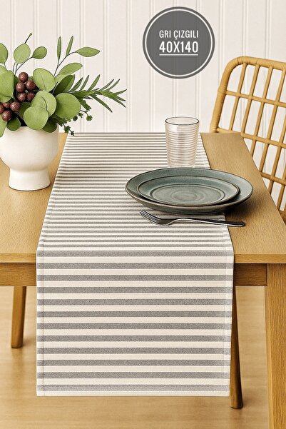 HOME ART ATELIER hand made Gri Çizgili Organik Pamuk Keten Runner 40x140