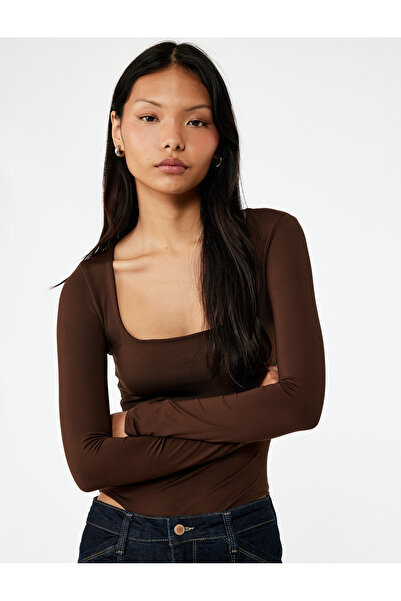 Koton Tricou cu mânecă lungă, cu gât pătrat, slim fit, cu închidere cu apăsare