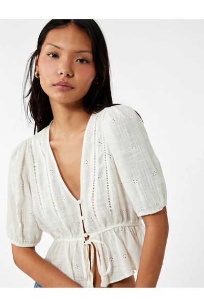 Koton V-Neck Viscose Blended Short Balloon Sleeve Embroidery Tie-Up Detail Blouse