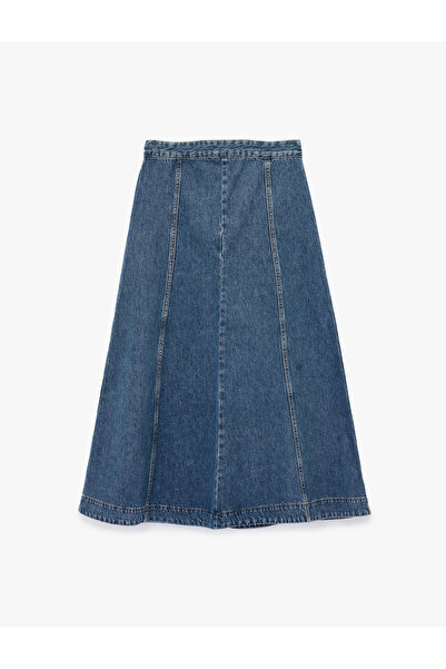 Koton Volanlı Pamuklu Denim Midi Etek