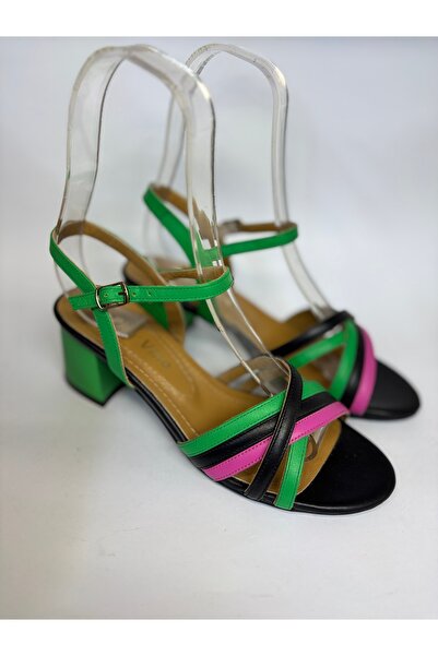 Mira Deri Genuine Leather 6 cm Heel Pink-Black-Green Strapped Women's Shoes