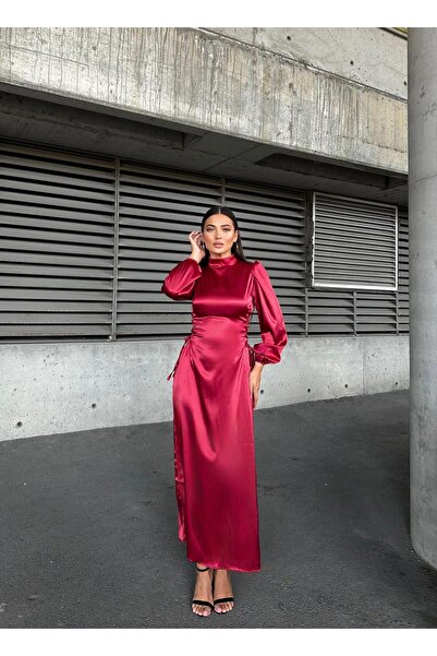 Genel Markalar Yandan Ip Bağlamalı Saten Abiye Kırmızı 583272