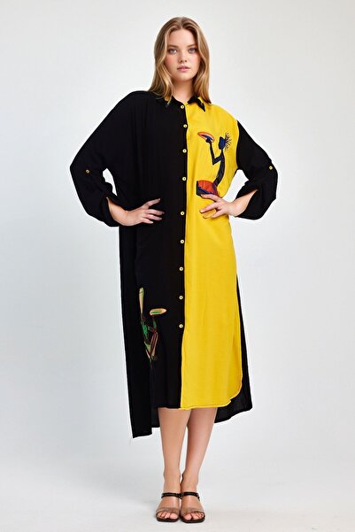 bacc Kadın Maxi Boy Sarı Nakış Işlemeli Dokuma Viscon Elbise Bcvl-251012
