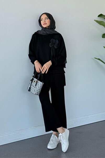 Şulemoda Giyim Damla Modal Piliseli Takım Siyah