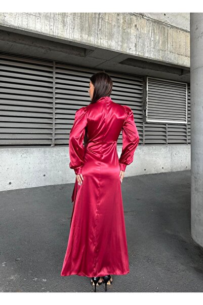 Suedcollection Side Tie Pleat Detailed Satin Evening Dress Red 583236