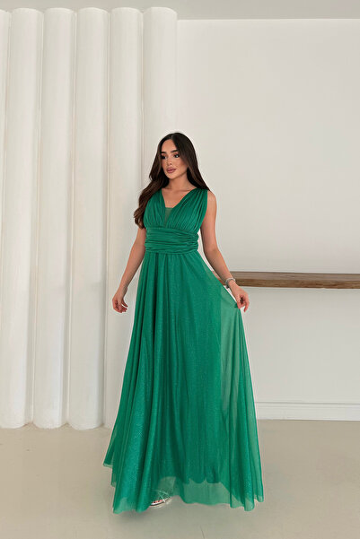 Neşeli Butik Women's Emerald Green Silvery Plus Size Evening Dress Rys9223