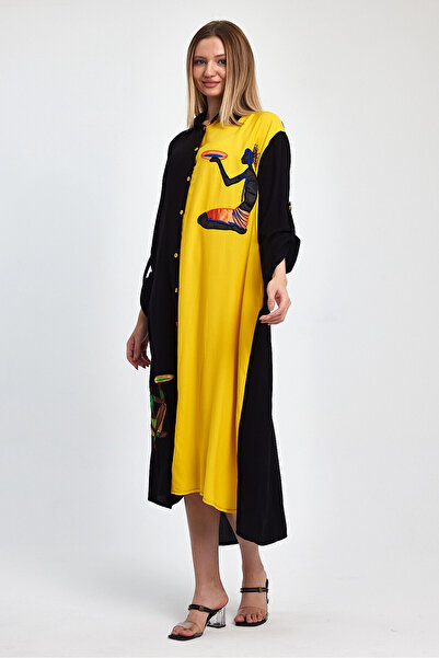 bacc Kadın Maxi Boy Sarı Nakış Işlemeli Dokuma Viscon Elbise Bcvl-251012