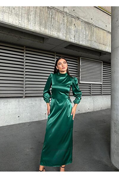 Suedcollection Βραδινό Σατέν Φόρεμα με Πλαϊνό Σχοινί Σμαραγδένιο 583272