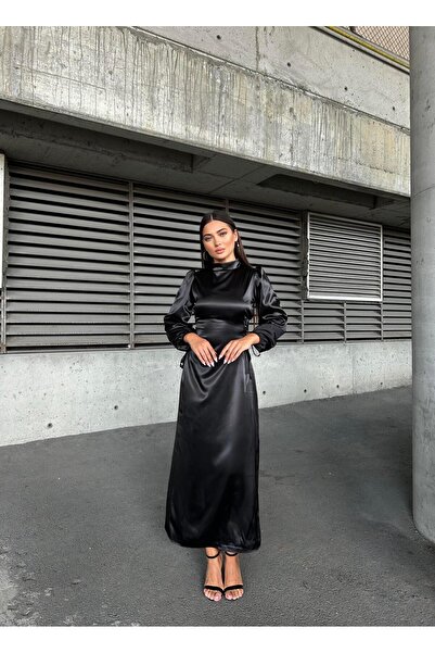 Genel Markalar Yandan Ip Bağlamalı Saten Abiye Siyah 583272