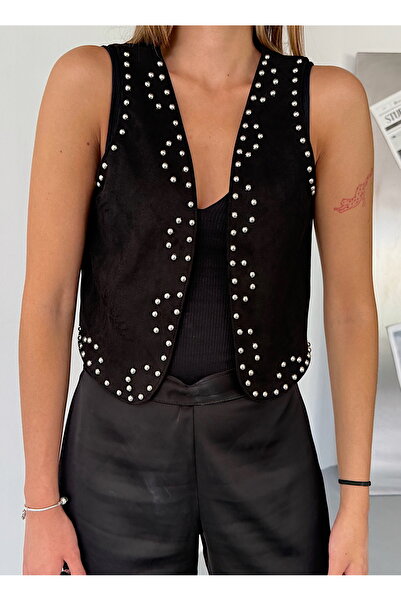 BEJNA Women's Black Faux Suede Metal Stone Flexible Vest