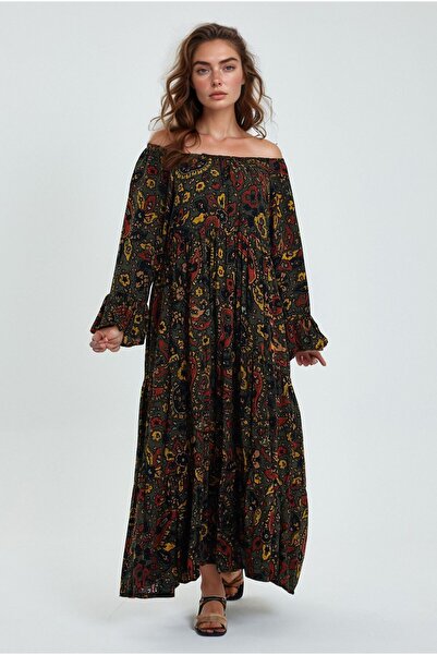 bacc Χακί γυναικείο φόρεμα - Off Shoulder, στάμπα, χαλαρή εφαρμογή, μακρύ μήκος - Bcvl- 242251 -1