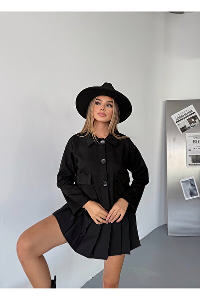 BEJNA Women's Black Buttoned Faux Suede Stretchy Crop Jacket