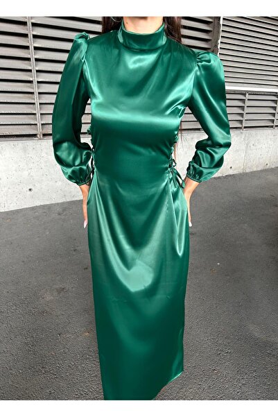Suedcollection Βραδινό Σατέν Φόρεμα με Πλαϊνό Σχοινί Σμαραγδένιο 583272