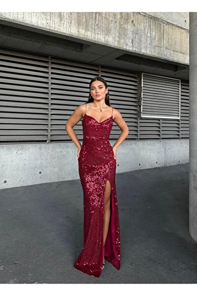 SELİN MODA EVİ Trend Yırtmaçlı Kadife Pulpayet Elbise Bordo 583293