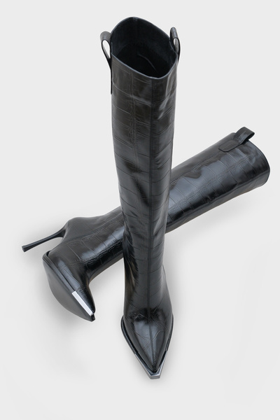 LOJO Γυναικείες καθημερινές μπότες με μυτερό τακούνι κροκόδειλου Elinos Μαύρο