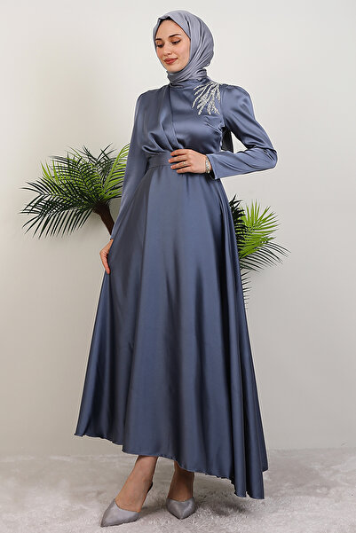 GİYZAMİLA Omzu Taşlı Saten Abiye Gri Mavi