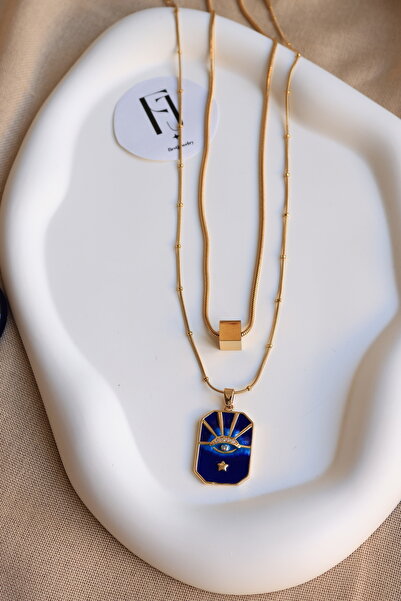 FİRST JEWELRY 2'li Kombin Gold Mavi Okyanus ve Küp Kolye