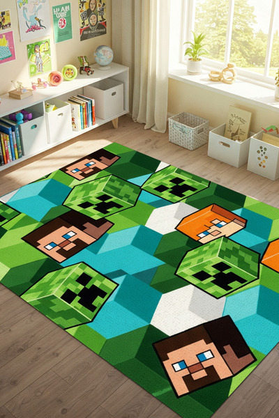 The Reef Design Alex Steve Figürlü Çocuk Odası Halısı Dijital Baskılı Kaymaz Yıkanabilir Antialerjik Çocuk Halısı