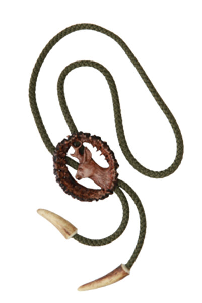 Handmade Hand-carved American antler bolo tie with deer motif