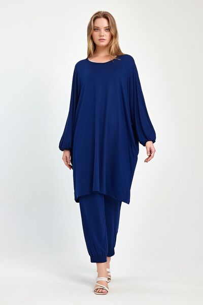 bacc Maxi Size Navy Blue Tunic and Trousers Knitted Viscon Bottom Top Set Bcvl-251029