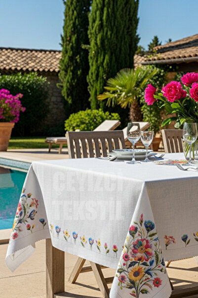 Çt Çeyizci Tekstil Table Cloth, Digital Printed Floral Single Table Cloth, Patterned Stain Resistant 160X220Cm Table Cloth