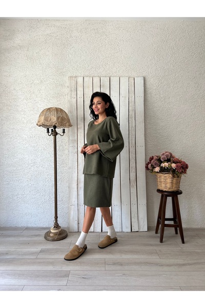 KÜÇÜĞÜM BUTİK Khaki Green Short Stitched Skirt-Blouse Set (Etek-Bluz)