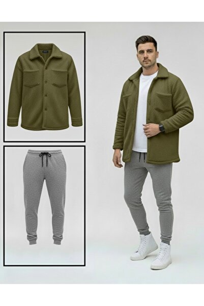 Fifty Color Unisex βελούδινο τζάκετ Χακί και Γκρι Συνδυασμός στο κάτω μέρος