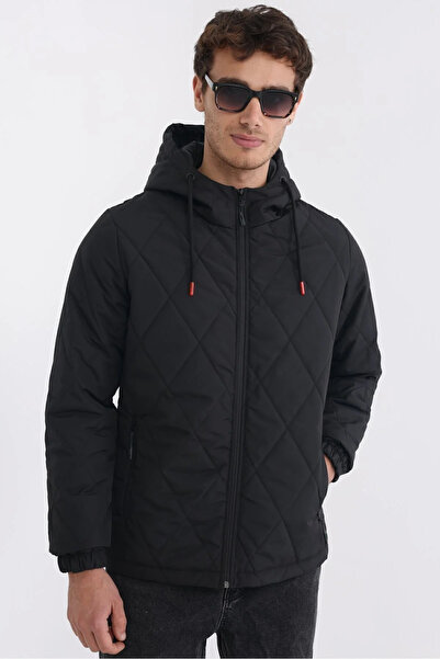 D1fference Erkek Siyah Astarlı Rüzgar Geçirmez Kapüşonlu Hafif Mevsimlik Mont