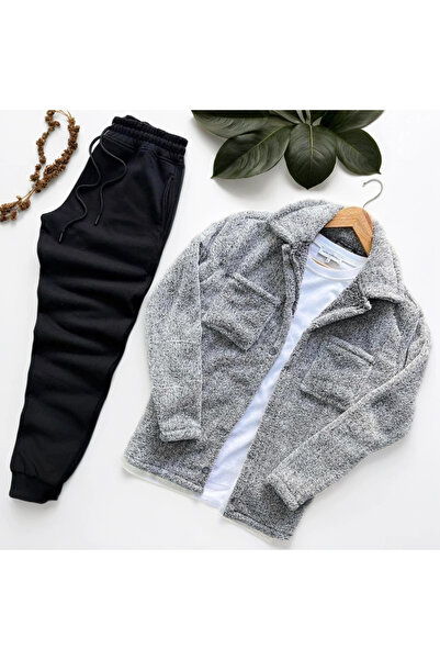 Fifty Color Unisex Plush Gray Jacket And Black Sweatpants Combination Bottom Top